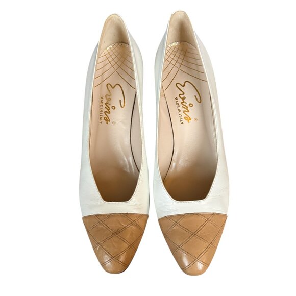 Evins ivory and tan leather cap toe classic pumps women's size 7 1/2 - Picture 4 of 11